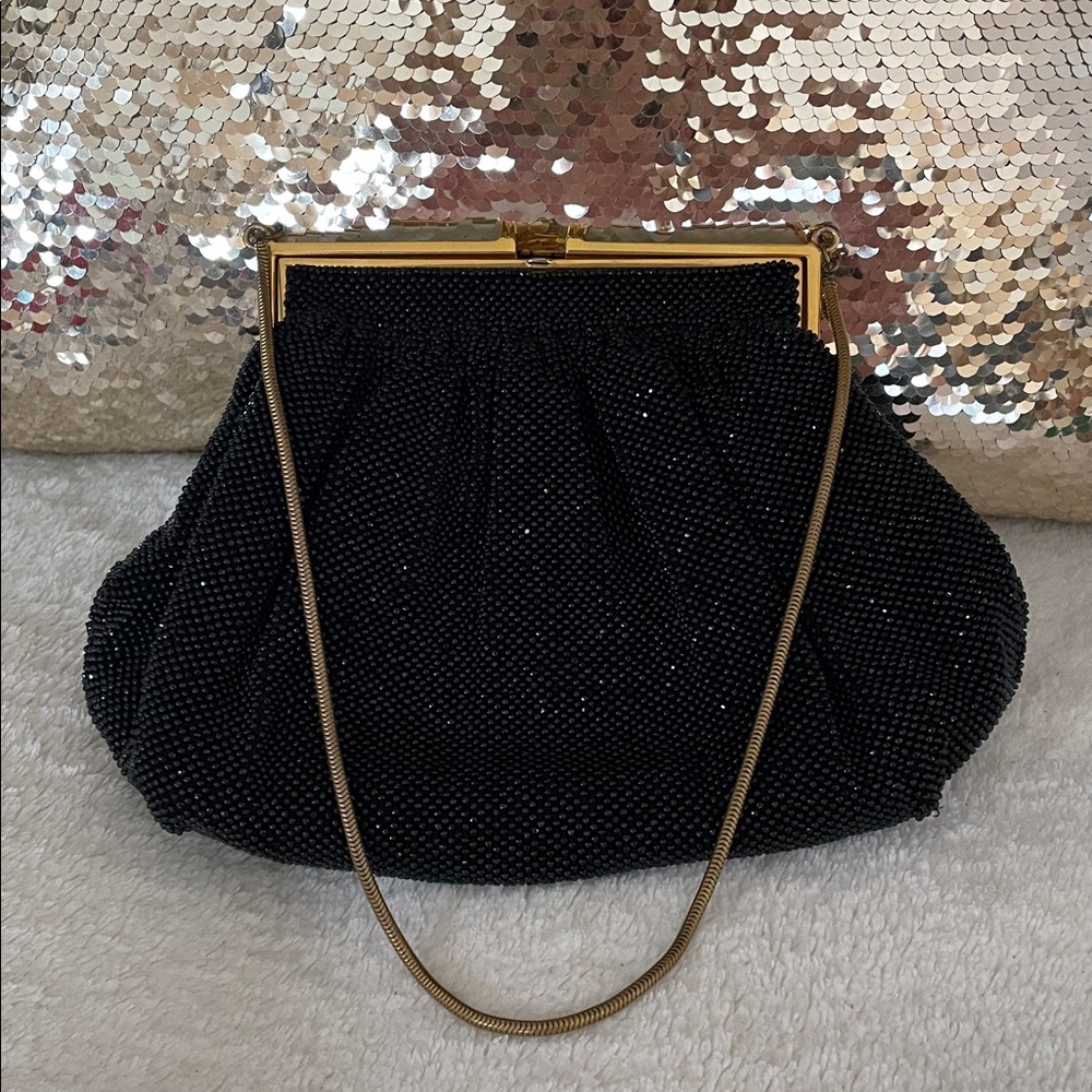 Vtg. Micro Beaded Elegant Black Evening Clutch Purse Mother of Pearl - Picture 3 of 11